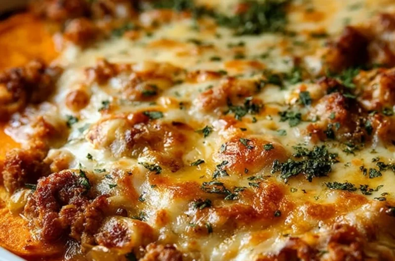 Ground turkey sweet potato bake served in a dish with fresh herbs on top