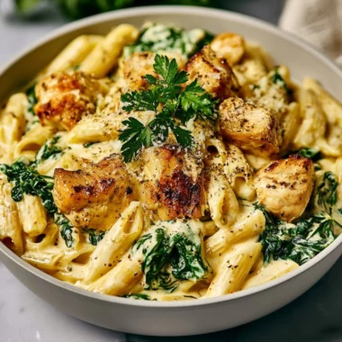 Healthy garlic parmesan chicken pasta with fresh herbs and cheese