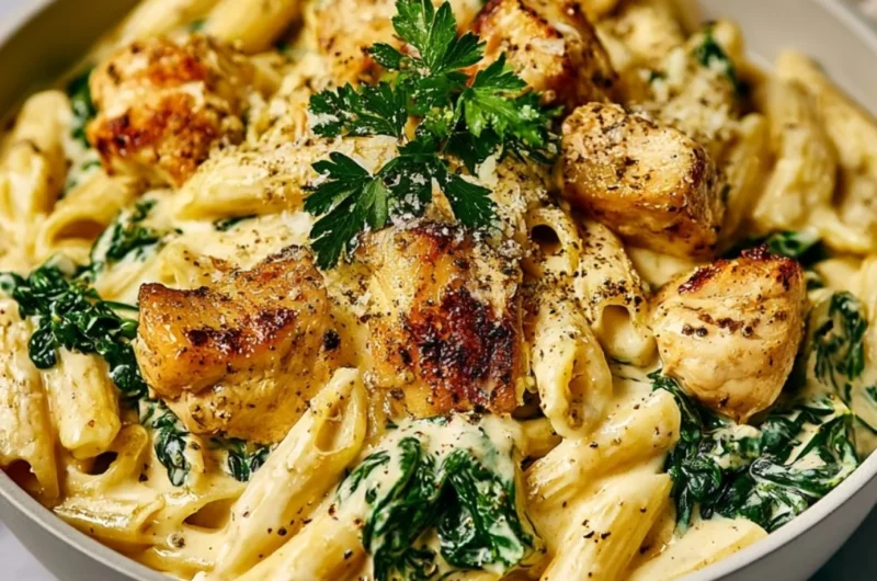 Healthy garlic parmesan chicken pasta with fresh herbs and cheese