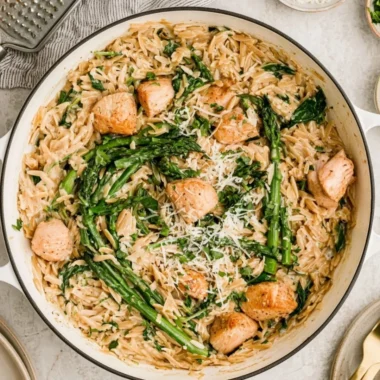 High Protein Chicken Orzo dish with vegetables and herbs