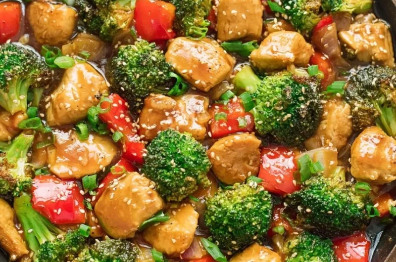 Keto stir fry with vegetables and chicken in a skillet