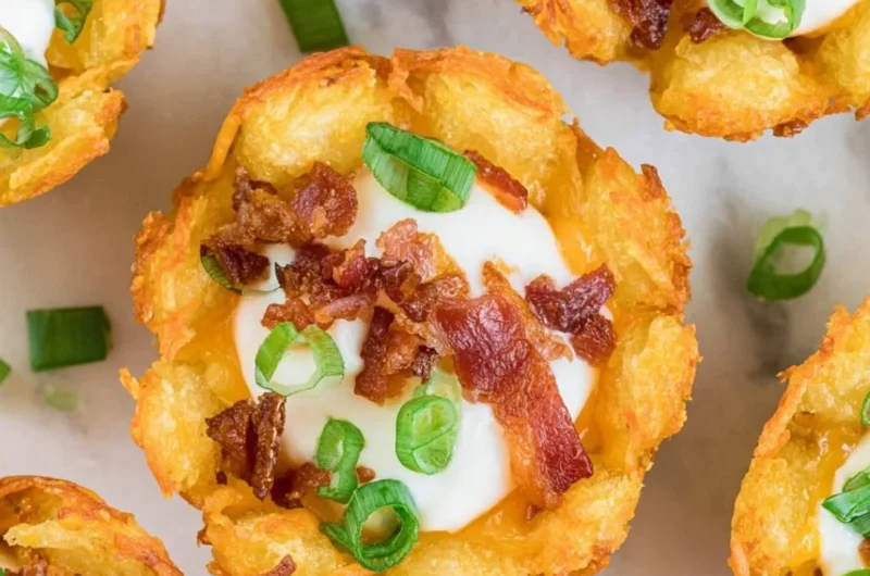 Loaded Tater Tot Appetizer topped with cheese and savory toppings