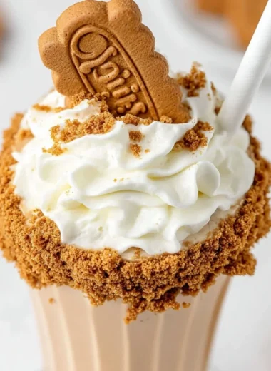 Delicious and creamy Lotus Biscoff milkshake topped with crushed Biscoff biscuits.