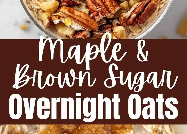 Bowl of Maple Brown Sugar Overnight Oats topped with fresh fruit and nuts