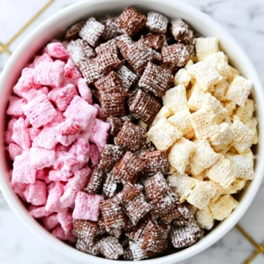 Delicious Neapolitan Puppy Chow snack with chocolate, strawberry, and vanilla flavors
