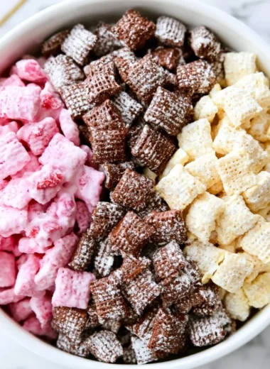 Delicious Neapolitan Puppy Chow snack with chocolate, strawberry, and vanilla flavors