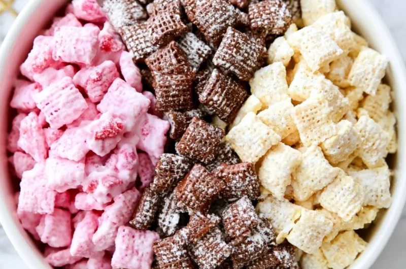 Delicious Neapolitan Puppy Chow snack with chocolate, strawberry, and vanilla flavors