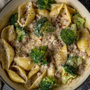 One-Pot High Protein Pasta topped with fresh herbs and vegetables