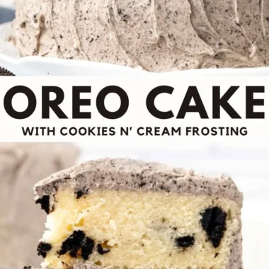 Delicious Oreo Cake topped with crushed cookies and cream frosting