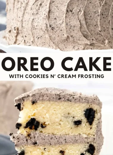 Delicious Oreo Cake topped with crushed cookies and cream frosting