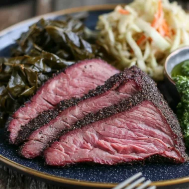 Delicious smoked tri tip served with herbs and spices on a wooden cutting board