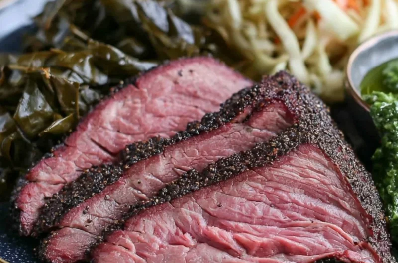 Delicious smoked tri tip served with herbs and spices on a wooden cutting board