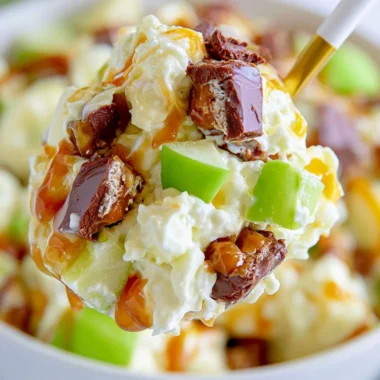 Delicious Snickers Salad with fruit and whipped cream topping