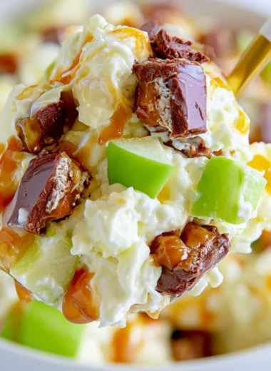 Delicious Snickers Salad with fruit and whipped cream topping