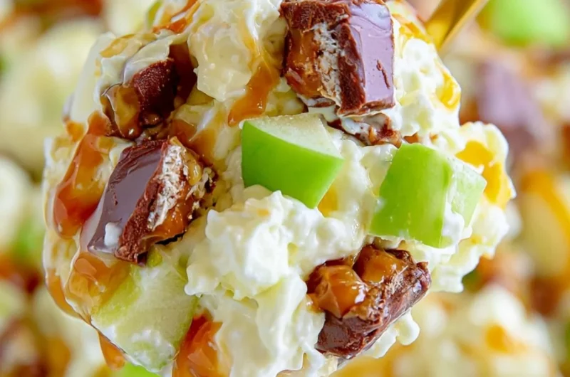 Delicious Snickers Salad with fruit and whipped cream topping