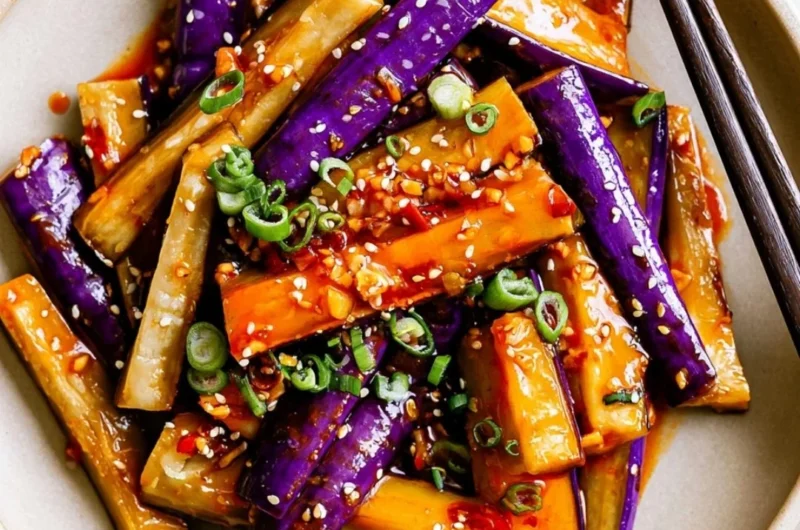 Plate of Spicy Eggplant Stir Fry with colorful veggies and spices