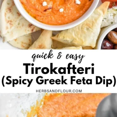 Spicy Greek feta dip served in a bowl with fresh veggies and pita chips.