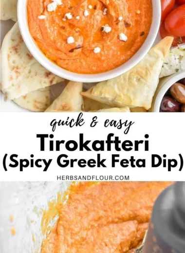 Spicy Greek feta dip served in a bowl with fresh veggies and pita chips.