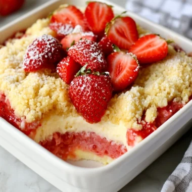 Delicious strawberry cheesecake dump cake served on a white plate