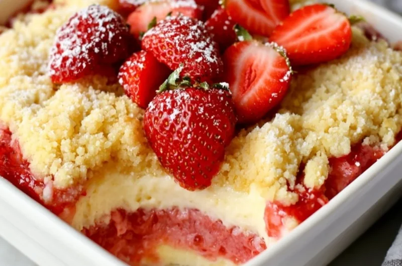 Delicious strawberry cheesecake dump cake served on a white plate