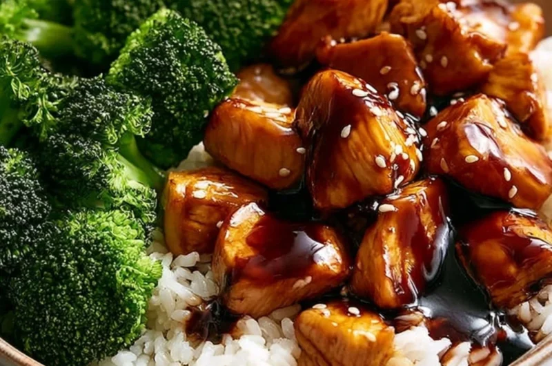 Plate of teriyaki chicken with broccoli garnished with sesame seeds