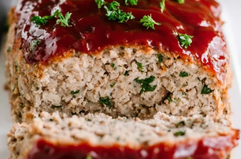 Delicious turkey meatloaf served on a plate with green garnish