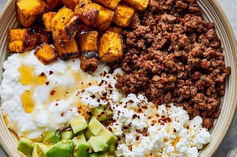 High-protein cottage cheese taco bowl with fresh toppings and ingredients.