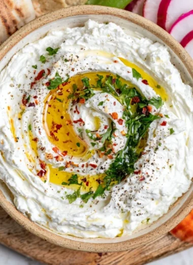 Delicious whipped feta dip served with fresh vegetables and crackers