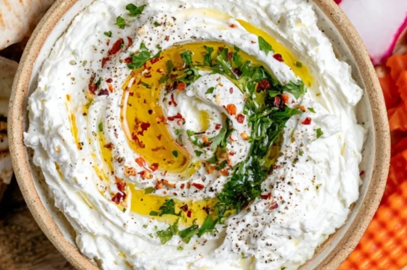 Delicious whipped feta dip served with fresh vegetables and crackers