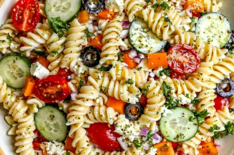 Colorful pasta salad with fresh vegetables for summer days