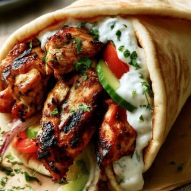 Authentic Greek Chicken Gyros served with fresh toppings in a pita