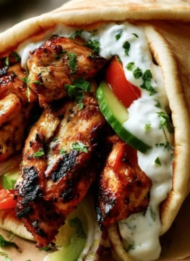 Authentic Greek Chicken Gyros served with fresh toppings in a pita