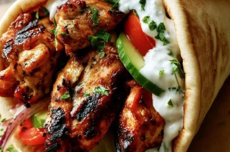 Authentic Greek Chicken Gyros served with fresh toppings in a pita