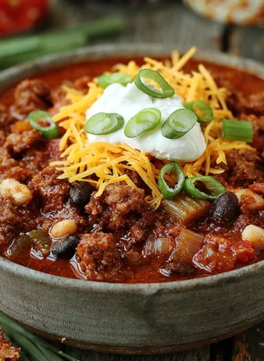 Bowl of Bloody Mary Chili garnished with celery and lime