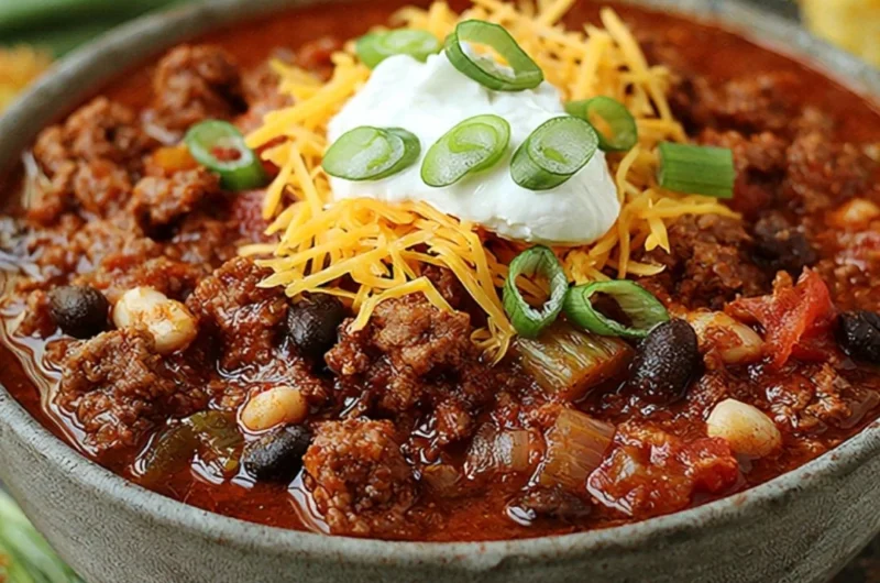 Bowl of Bloody Mary Chili garnished with celery and lime