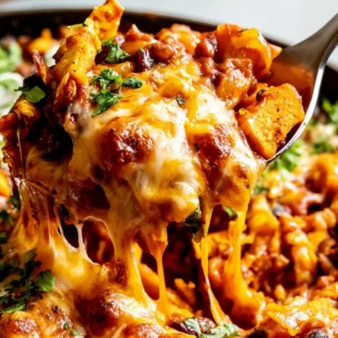 Butternut squash and black bean enchilada skillet topped with cheese and cilantro