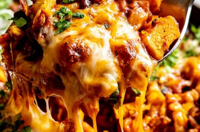 Butternut squash and black bean enchilada skillet topped with cheese and cilantro