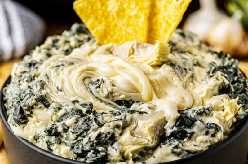 Creamy crock pot spinach artichoke dip served with crunchy bread slices