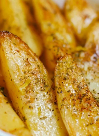 Delicious Greek lemon potatoes served with fresh herbs and lemon slices