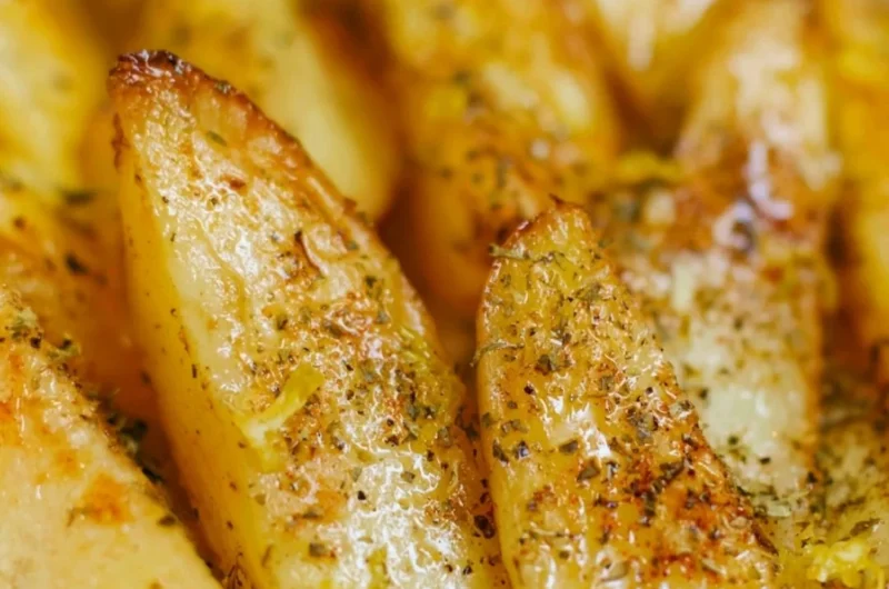 Delicious Greek lemon potatoes served with fresh herbs and lemon slices