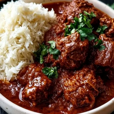 Delicious cozy lamb Madras curry served in a bowl with fresh herbs