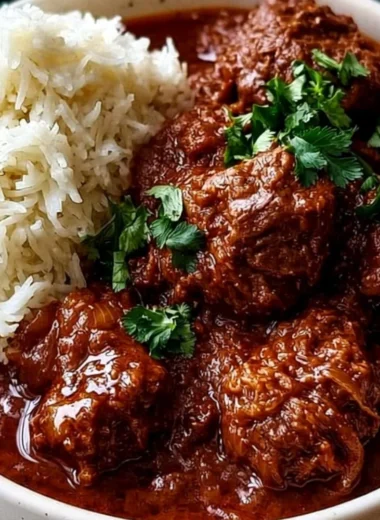 Delicious cozy lamb Madras curry served in a bowl with fresh herbs