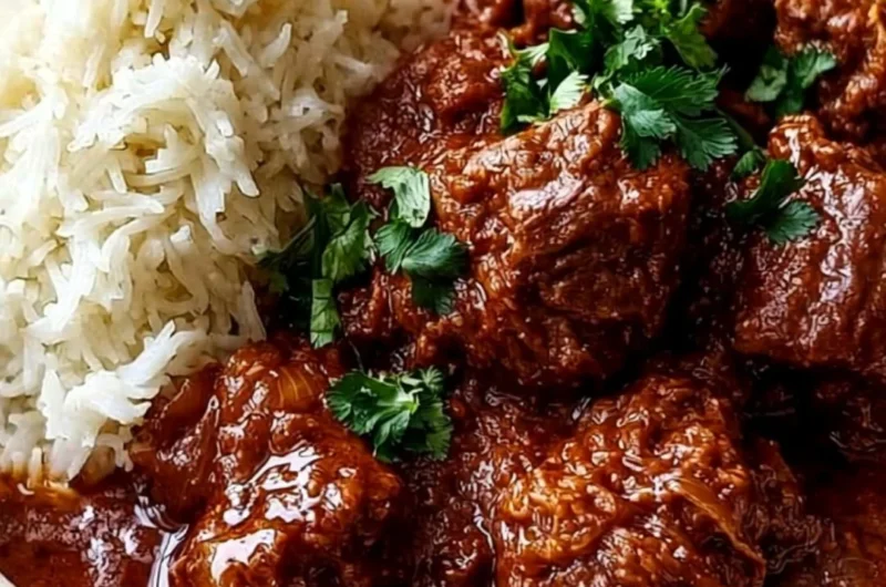 Delicious cozy lamb Madras curry served in a bowl with fresh herbs