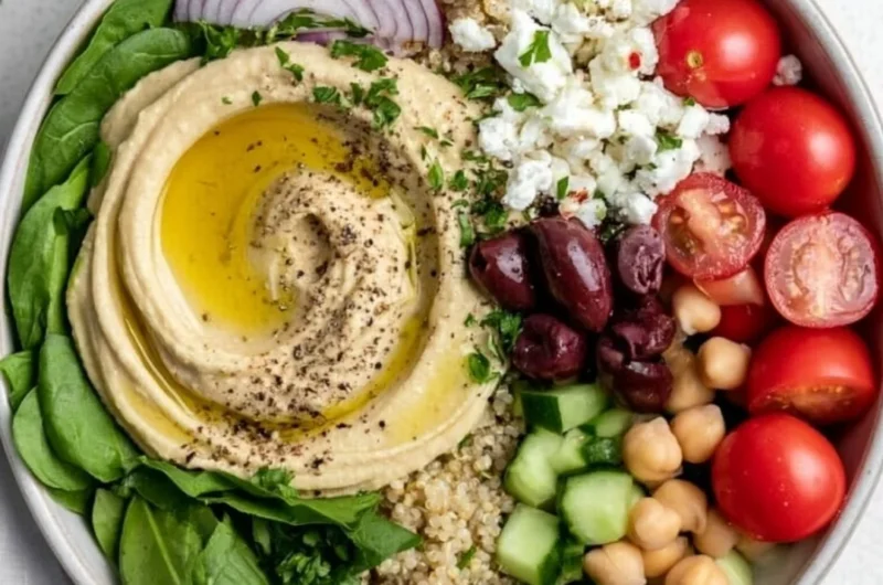 Delicious cozy Mediterranean hummus bowl with fresh vegetables and pita
