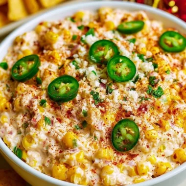 Delicious cozy Mexican street corn dip served in a bowl with toppings