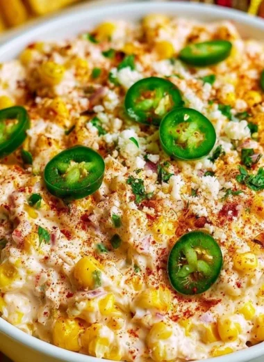 Delicious cozy Mexican street corn dip served in a bowl with toppings