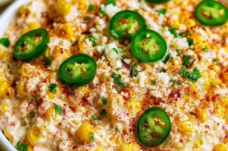 Delicious cozy Mexican street corn dip served in a bowl with toppings