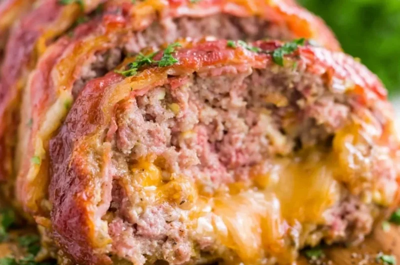Delicious smoked meatloaf served on a wooden board with herbs