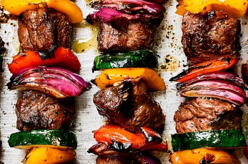 Cozy steak kabobs recipe featuring grilled steak and fresh vegetables on skewers.