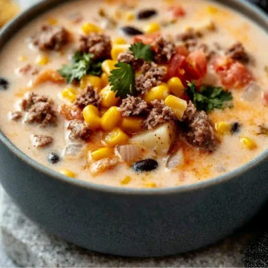 Bowl of creamy cowboy soup garnished with herbs and served with bread